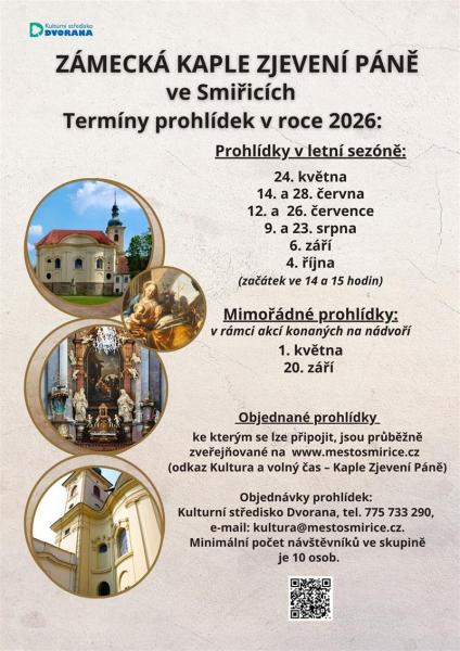 Prohlídky Zámecké kaple Zjevení Páně ve Smiřicích v roce 2026