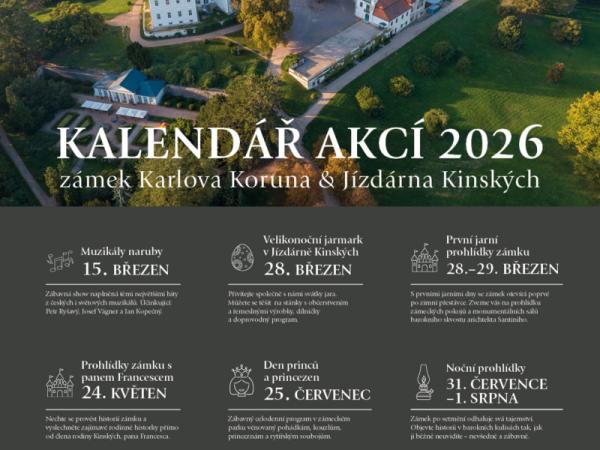 Přehled akcí roku 2026 na zámku Karlova Koruna a v Jízdárně Kinských